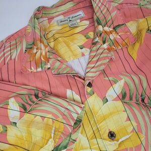 Tommy Bahama Shirt Men L Orange Palm print Silk Hawaiian Camp Loop Collar